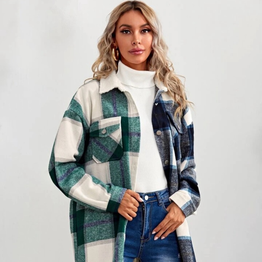 Plaid Flap Pocket Overshirt Jacket With Borg Collar